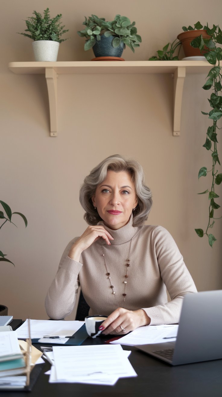 An attractive lady in her 50's working at a desk on a side hustle