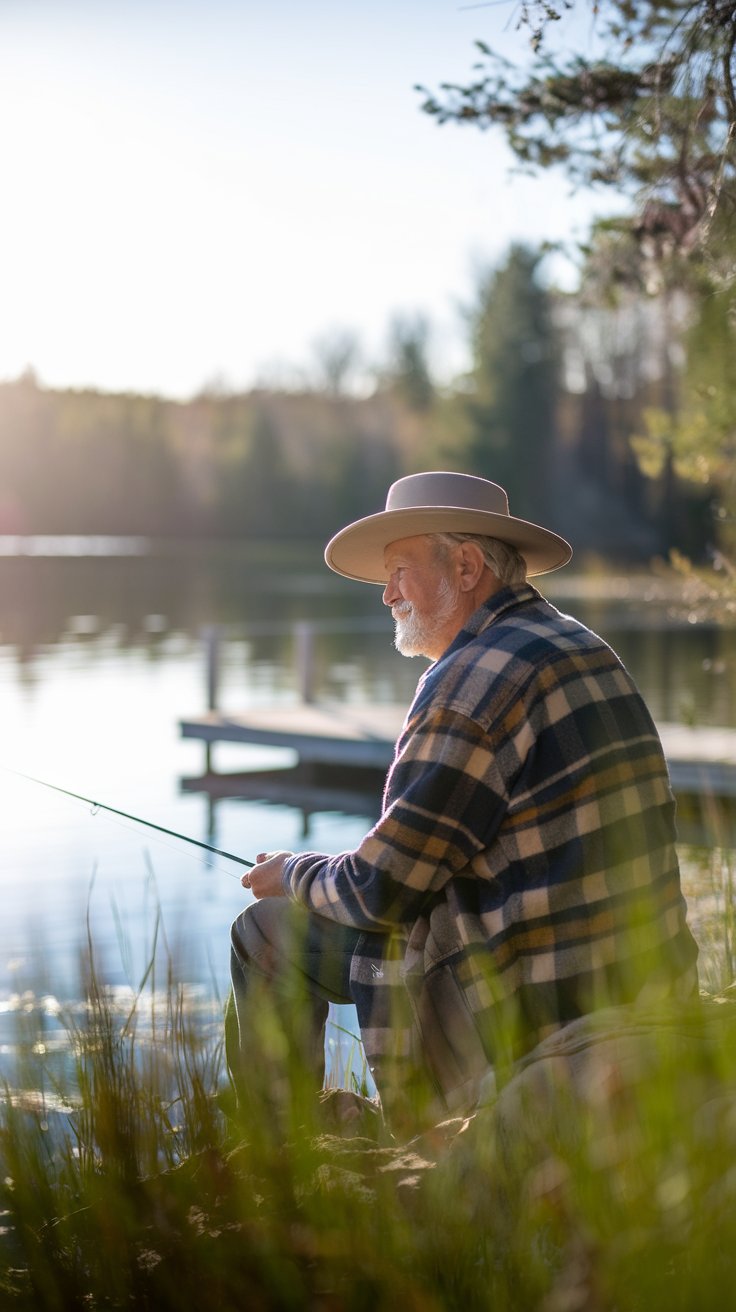 an old man fishing in a tranquil setting