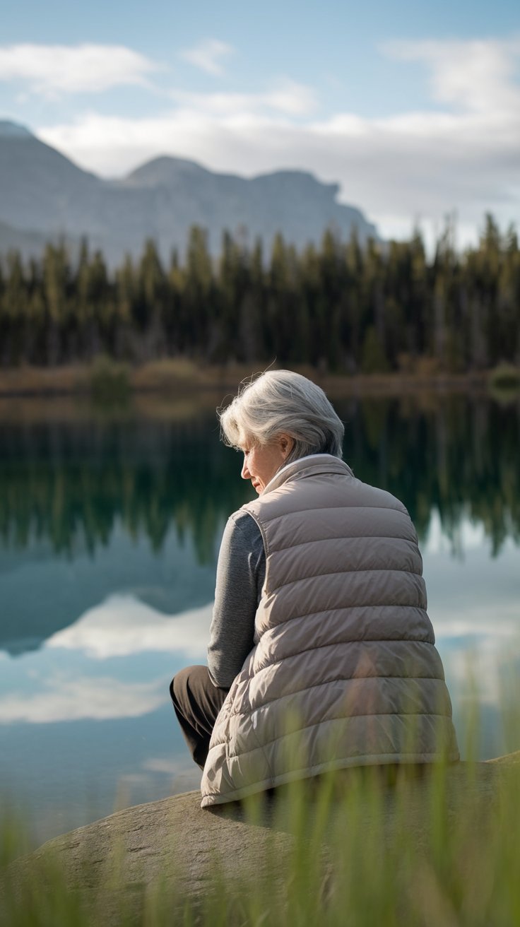 an older lady sitting by a lake 