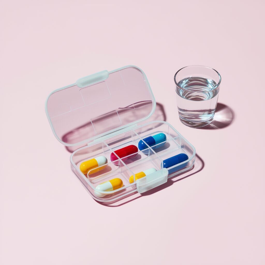 a pill box with a glass of water and pills