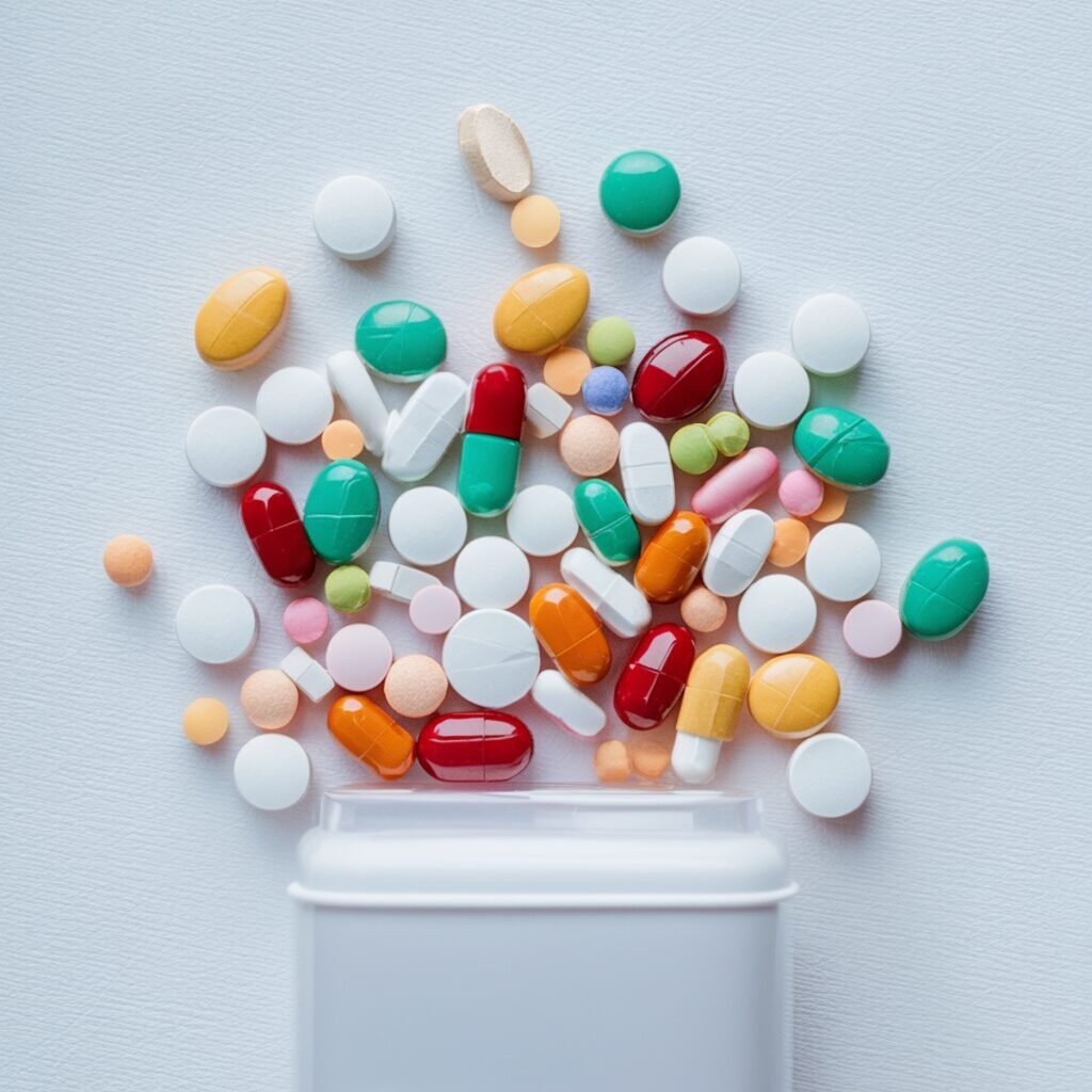 a group of pills spilling out of a container