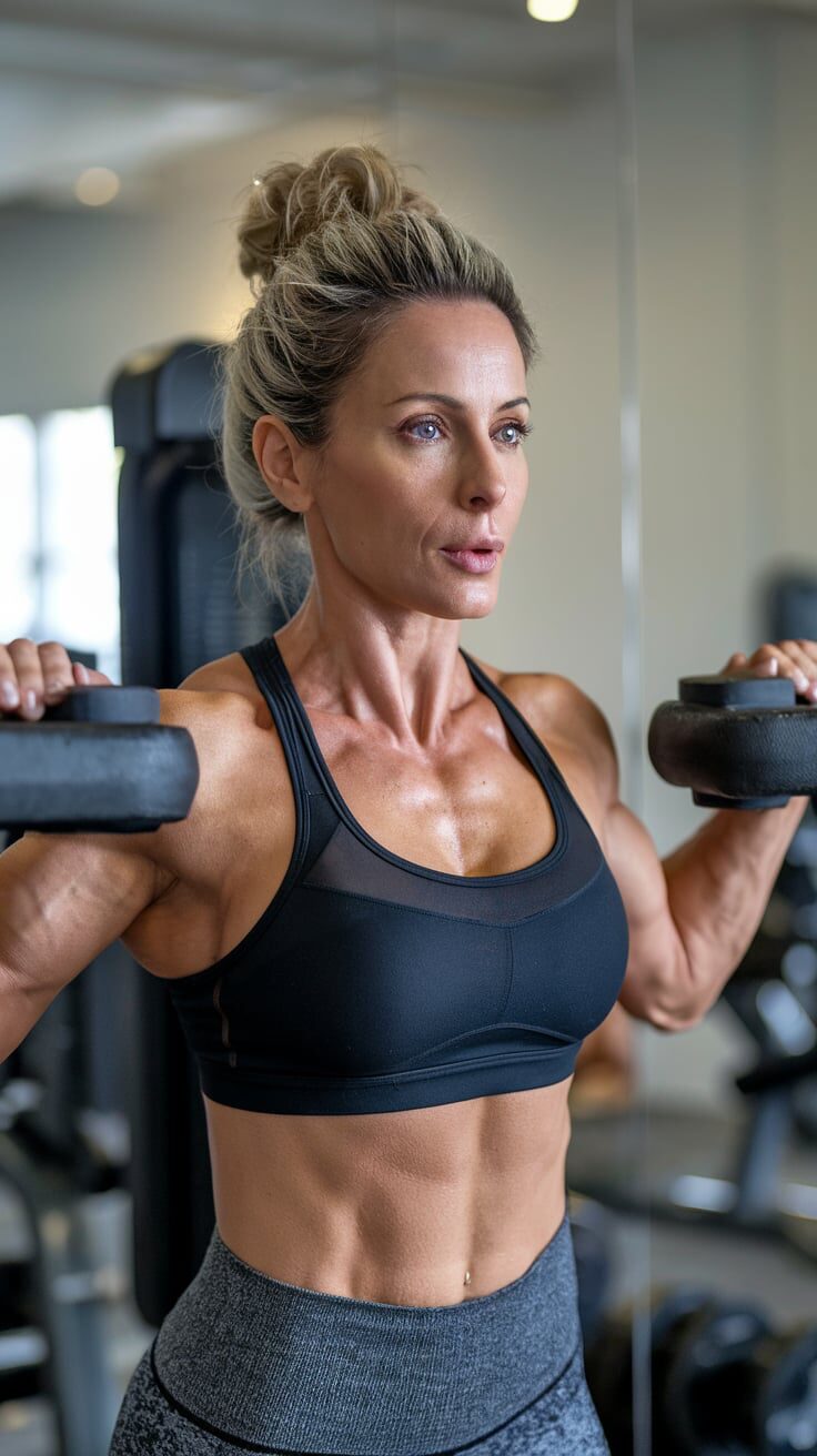 woman in her late 40's doing a chest press exercise