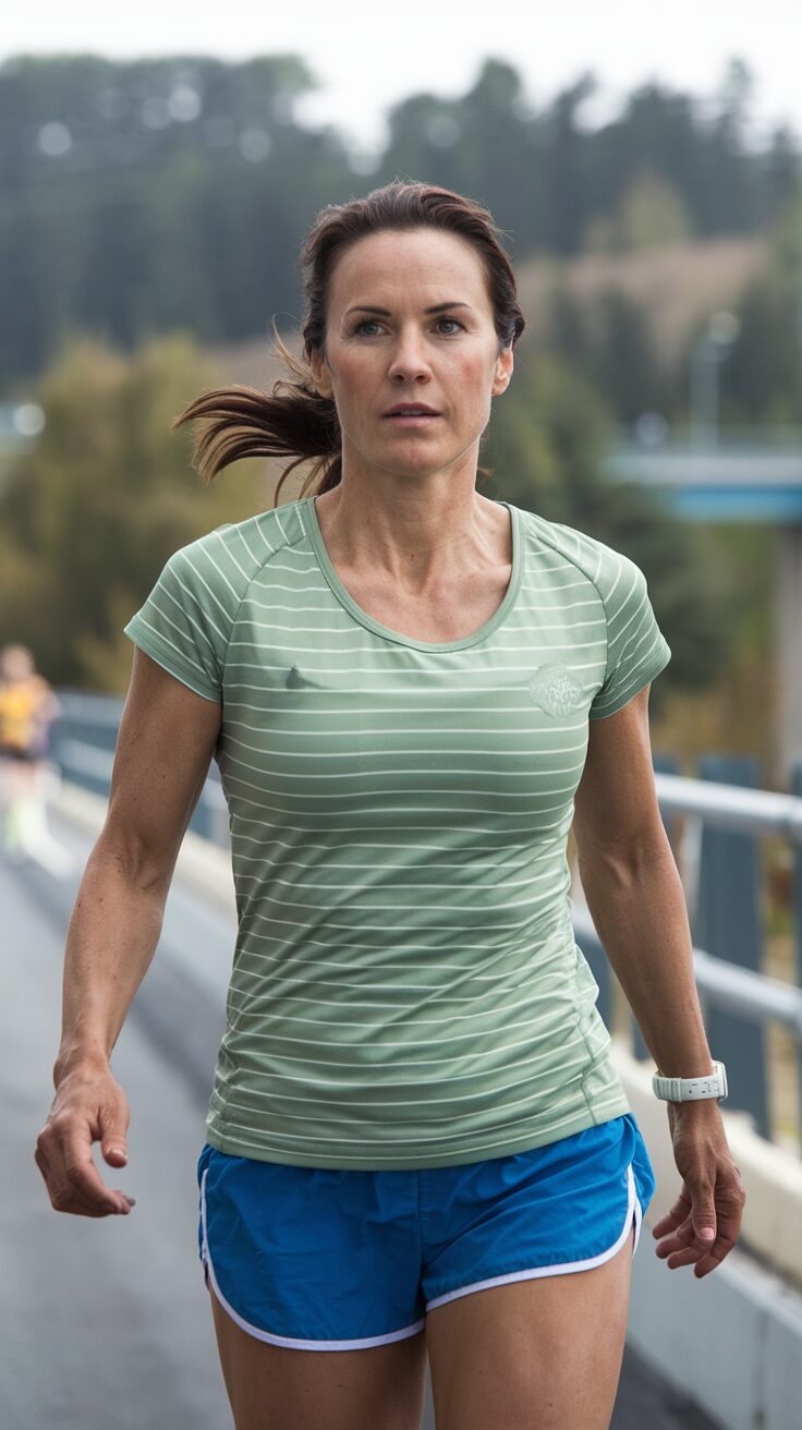 attractive woman in her 40's in a walking race