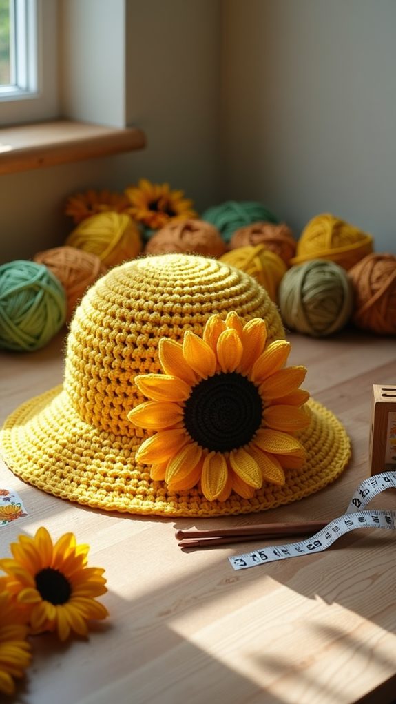 crochet hat with sunflower design