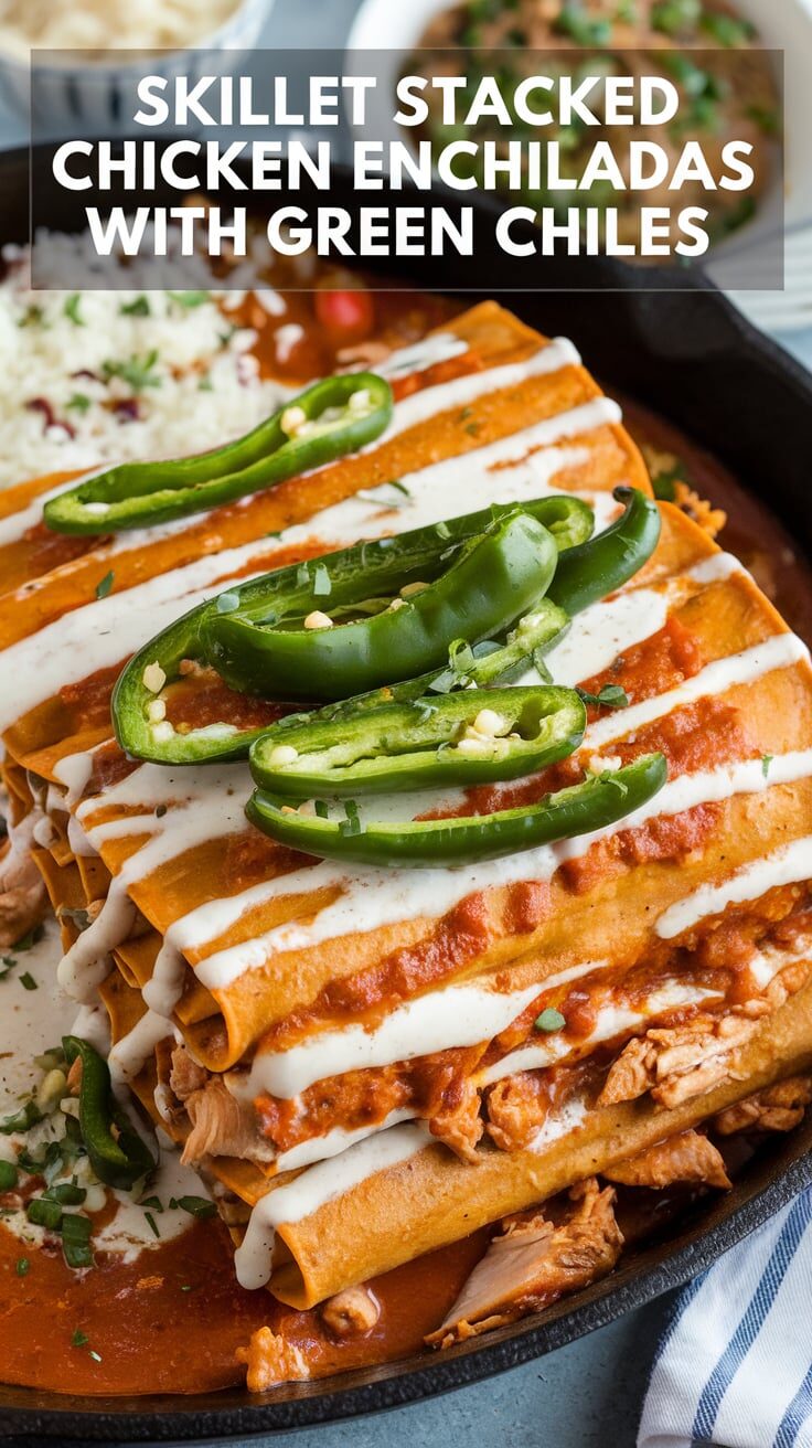 Skillet Stacked Chicken Enchiladas With Green Chiles