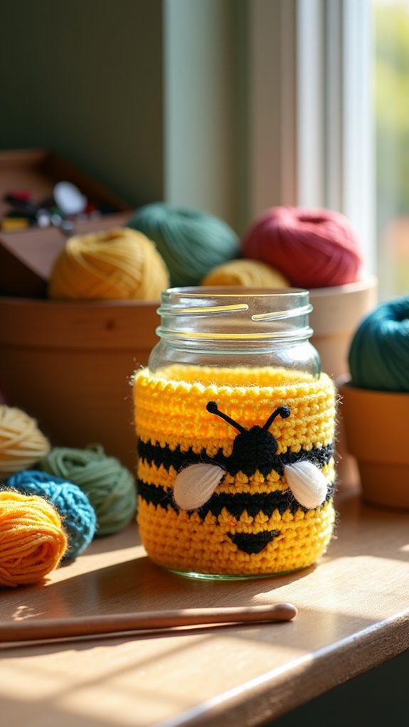 bee themed crochet jar cover