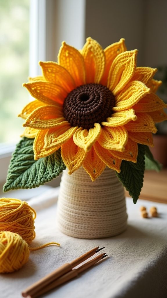 bright crochet sunflower decor