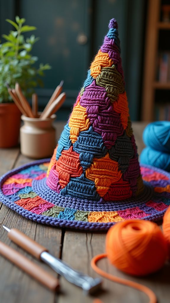 colorful crochet witch hat