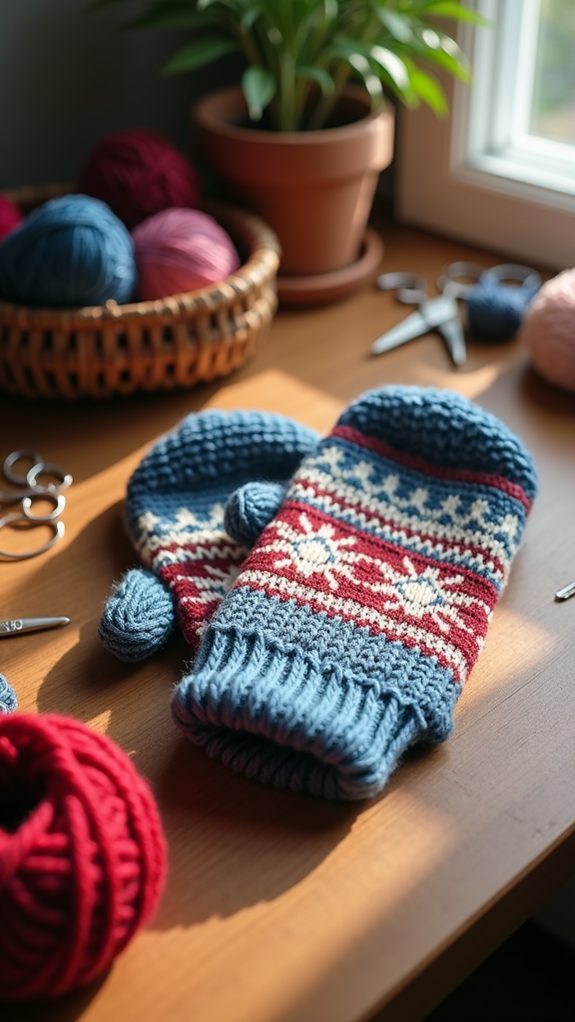 colorful knitted winter mittens