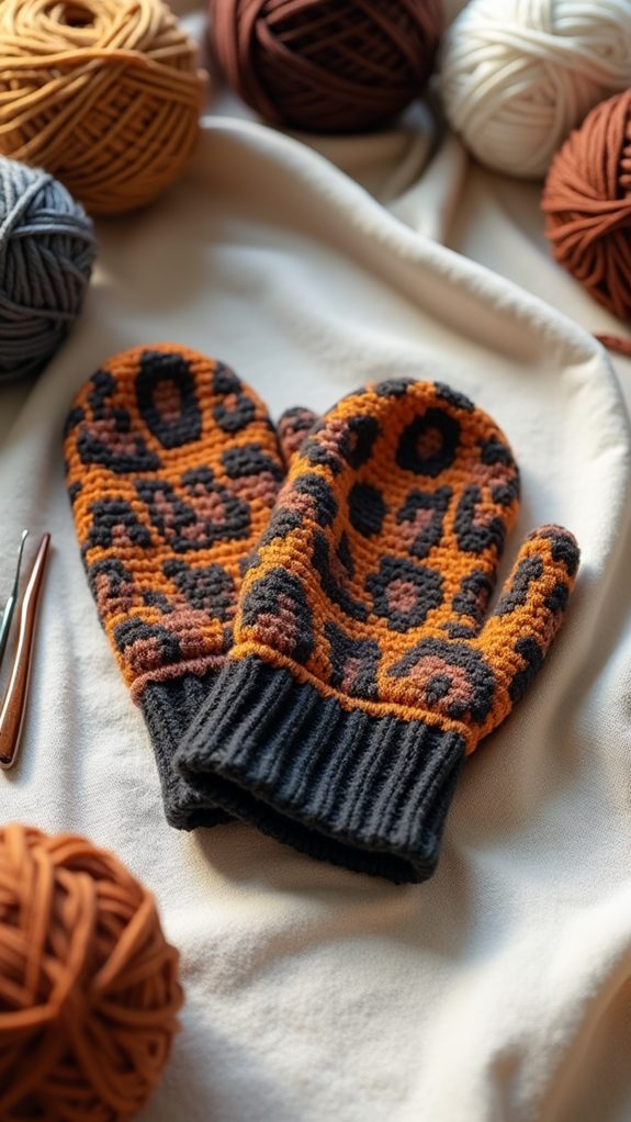 crochet mittens with animal print