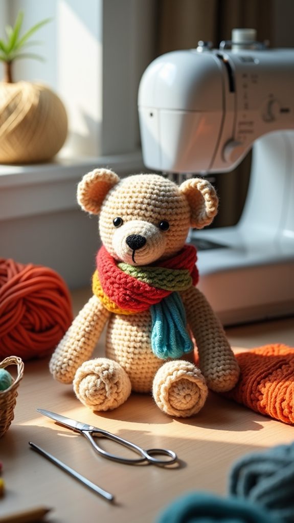 crocheted bear wearing scarf