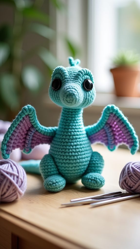 crocheted dinosaur plush toy