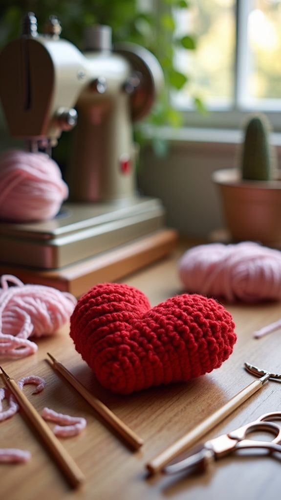 crocheted heart plush toy