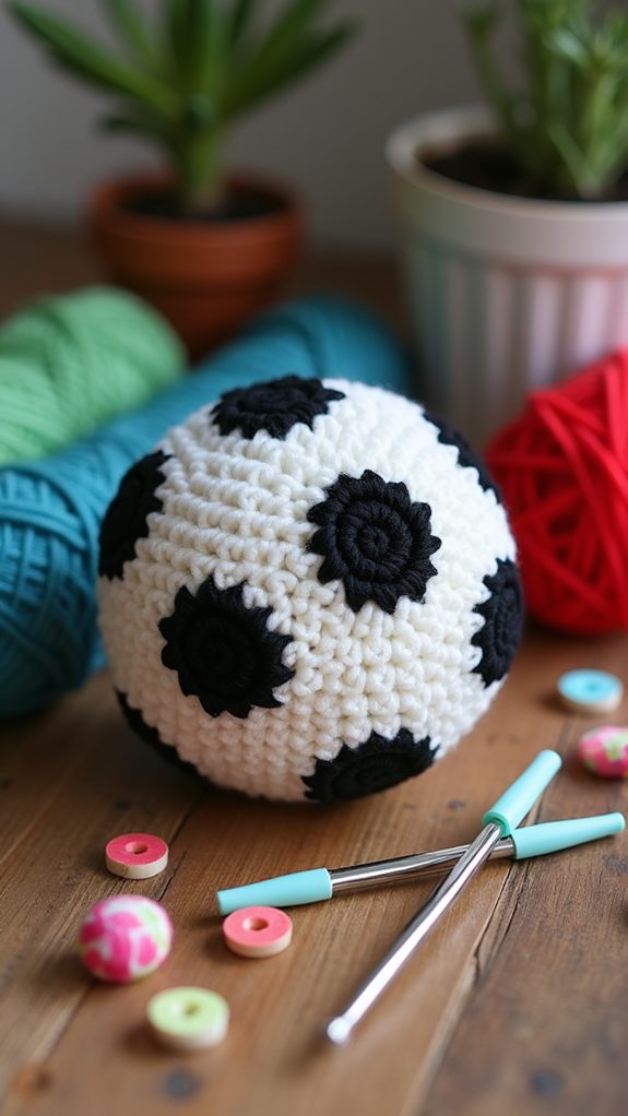 crocheted miniature soccer ball