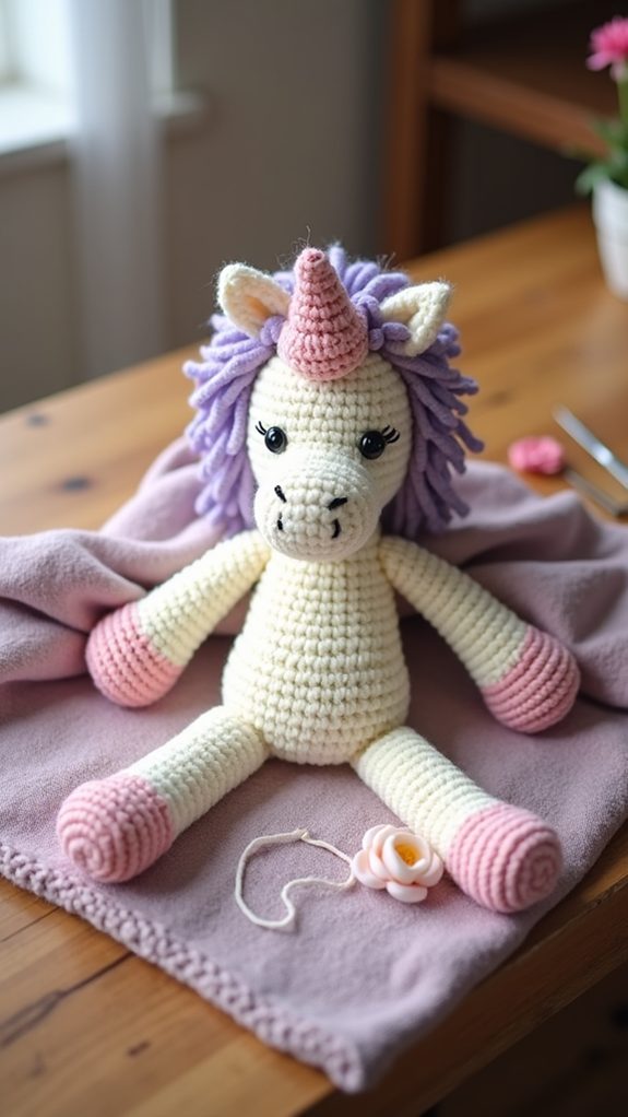 crocheted unicorn stuffed toy