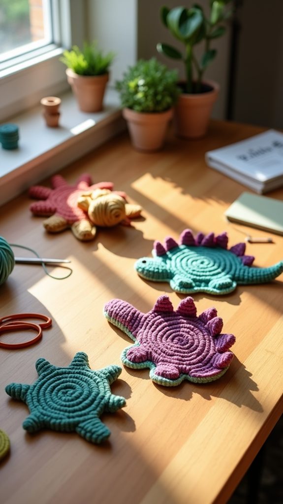 cute crochet dinosaur coasters
