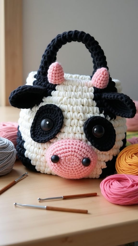 handcrafted crochet cow bag