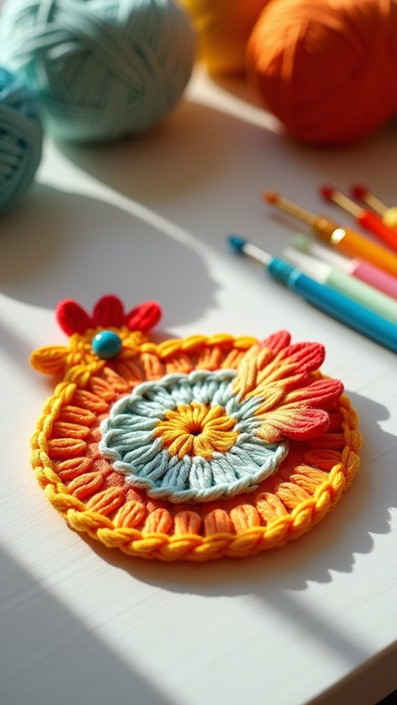 handmade crochet chicken coaster