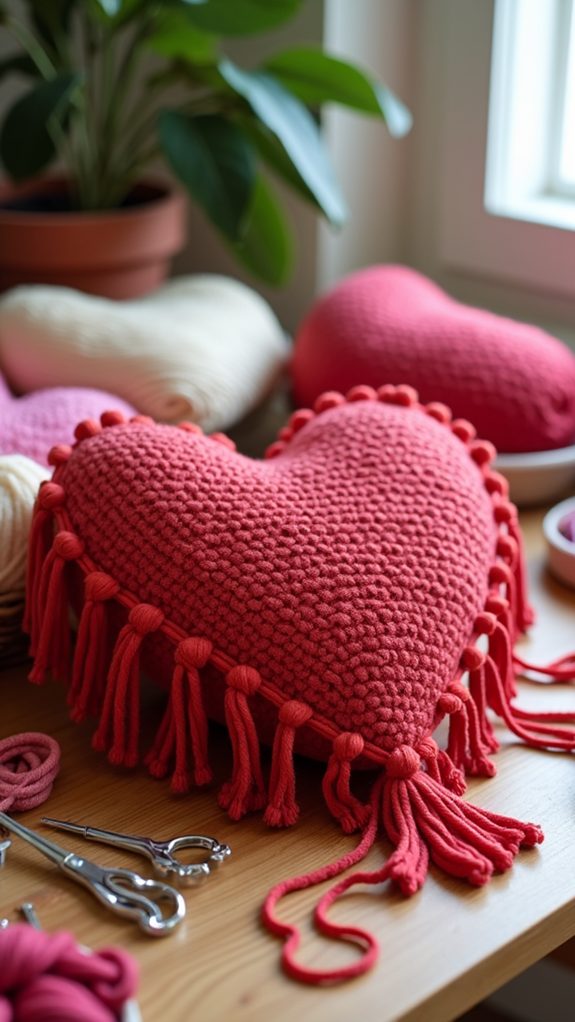 heart shaped knotted fringe pillow