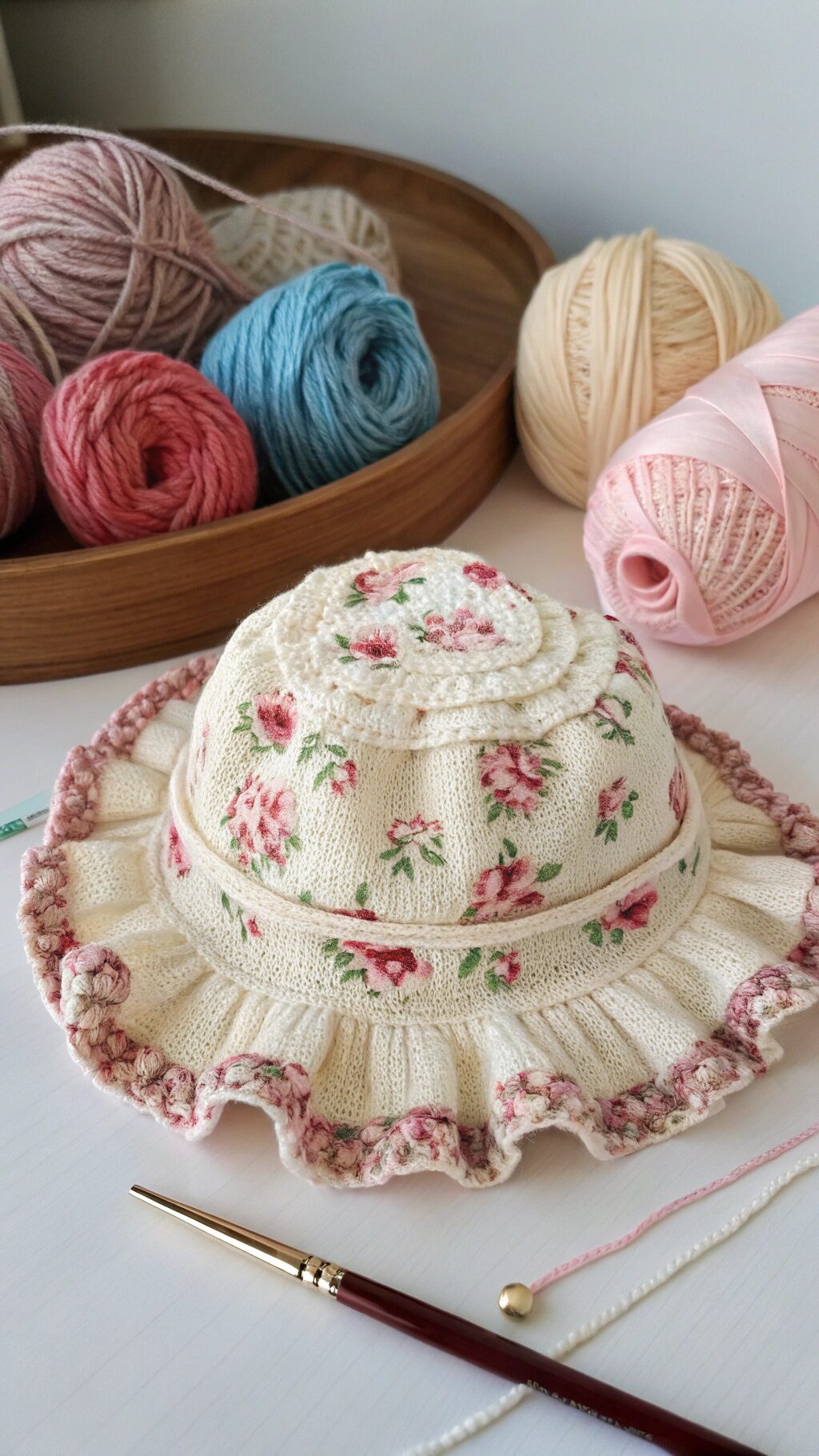 Floral Ruffle Crochet Cap