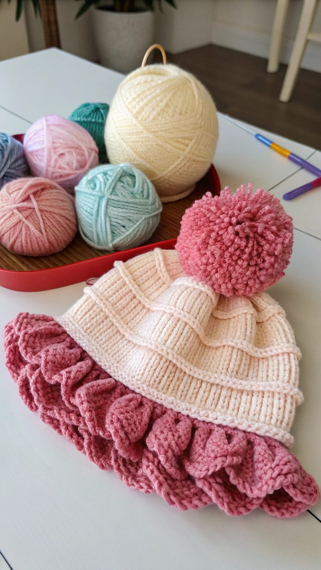 Pom Pom Ruffle Hat