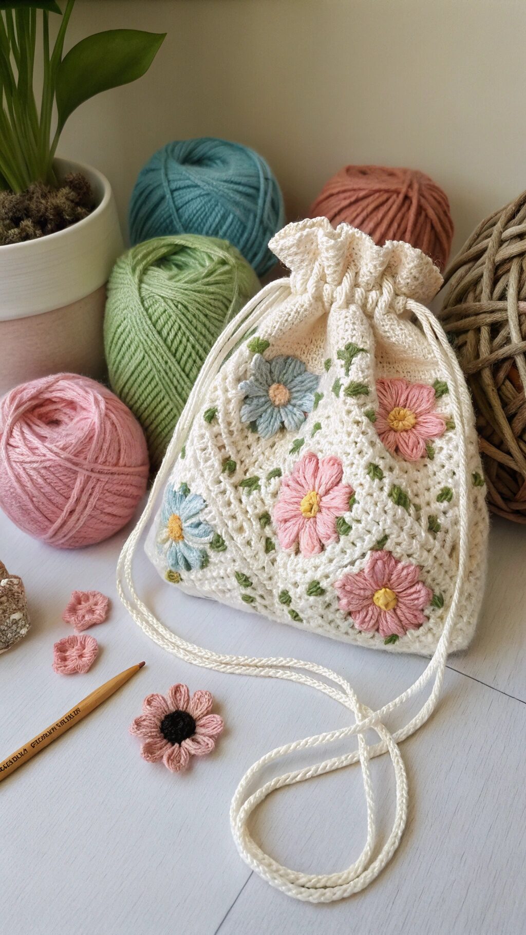 Floral Motif Drawstring Bag