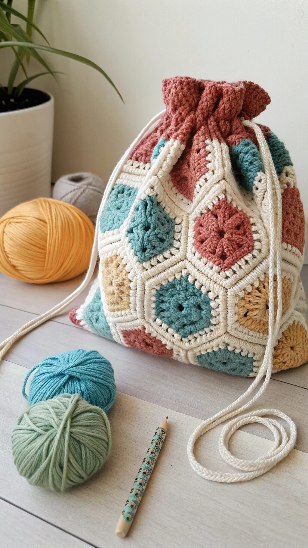 Geometric Pattern Drawstring Bag