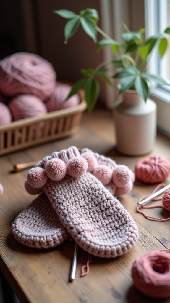 mittens with pom pom trim