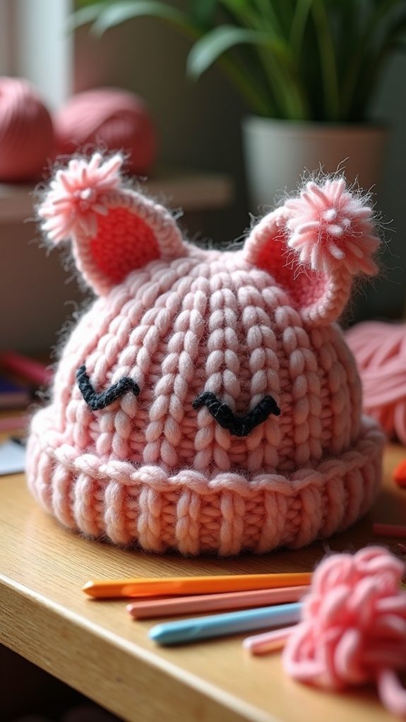 pompom adorned crochet cat beanie