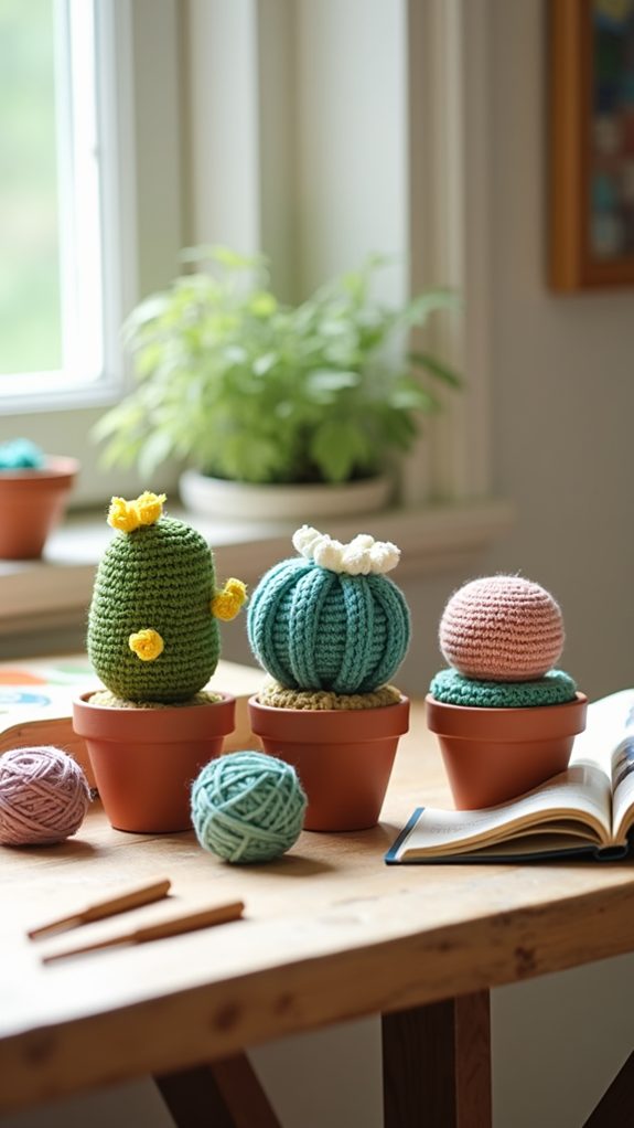 tiny handmade crochet cacti