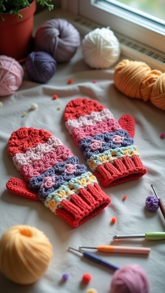 vibrant crochet hand warmers