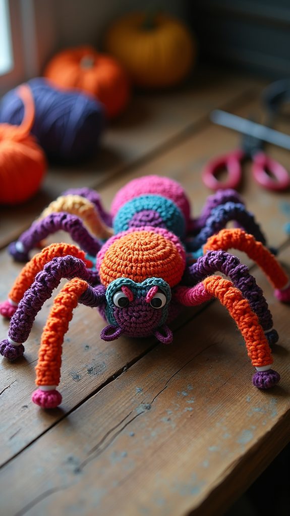 vibrant crocheted spider art