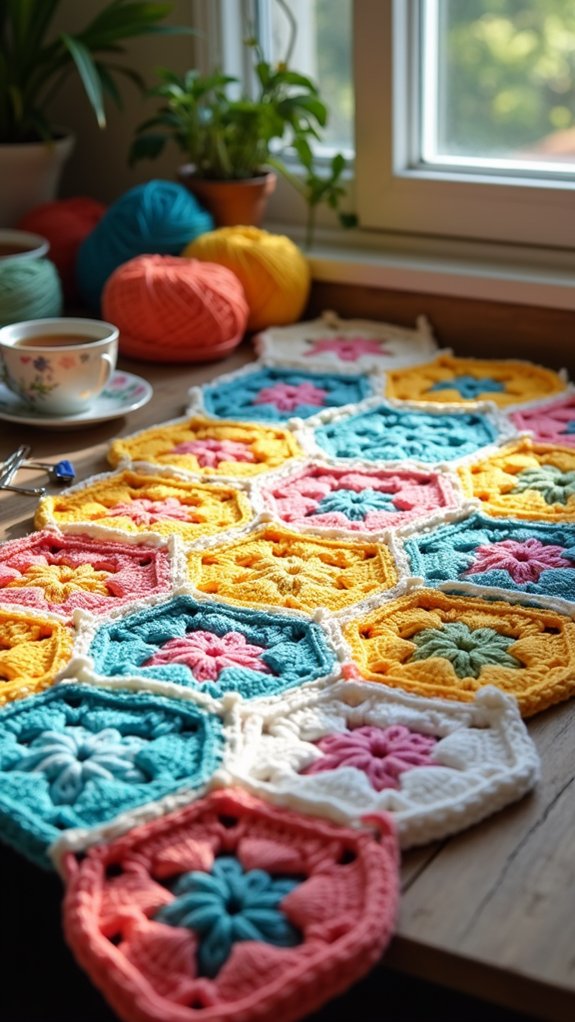 vibrant hexagonal crochet blanket