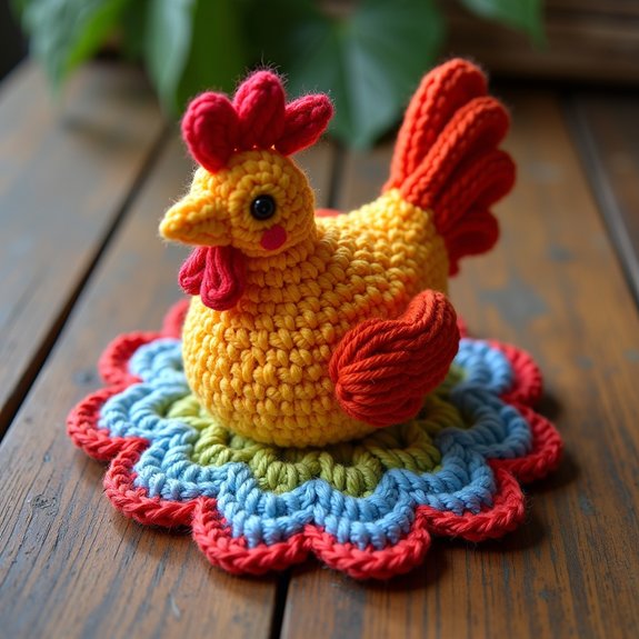 crochet chicken themed drink coaster