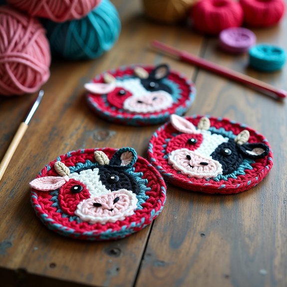 crochet coasters shaped like cows