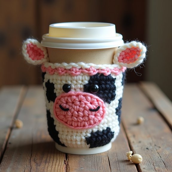 crochet cow themed cup sleeve