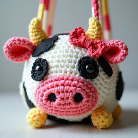 crochet cow themed handbag