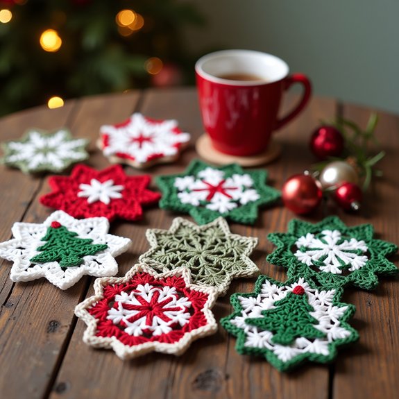 festive crochet drink coasters