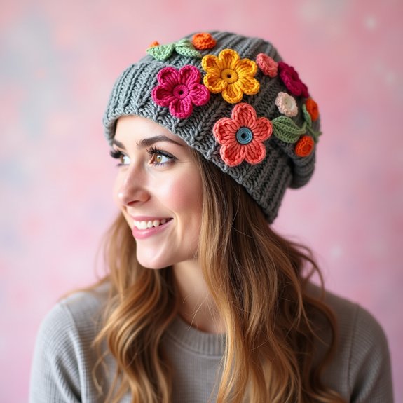 flower adorned winter hat