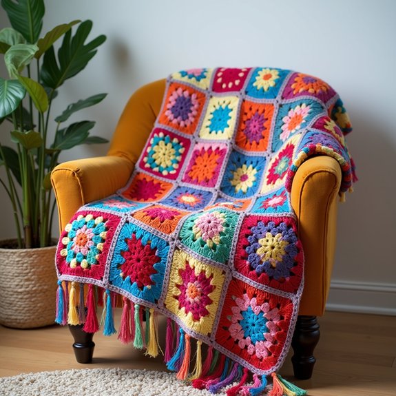 fringed granny square blanket