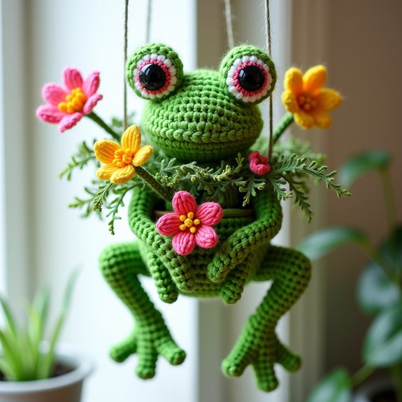 frog themed crochet plant hanger