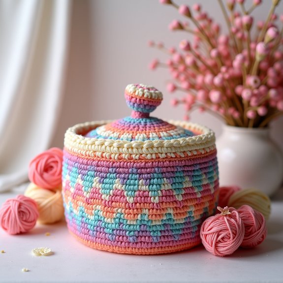 lidded crochet storage basket