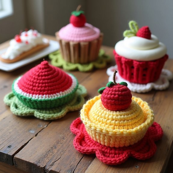 playful crocheted food coasters