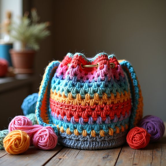 textured crochet bucket bag
