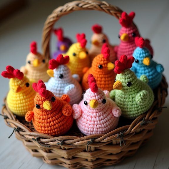 tiny crocheted chicken figurines