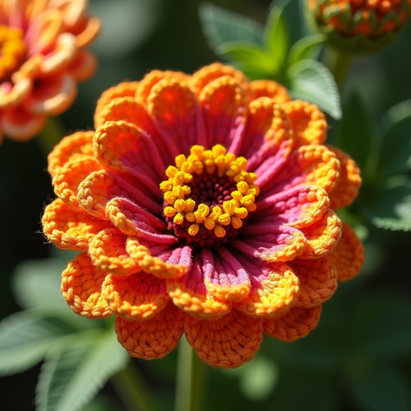 vibrant zinnia crochet art