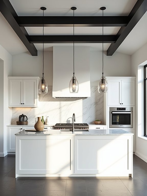 black beams enhance white kitchen