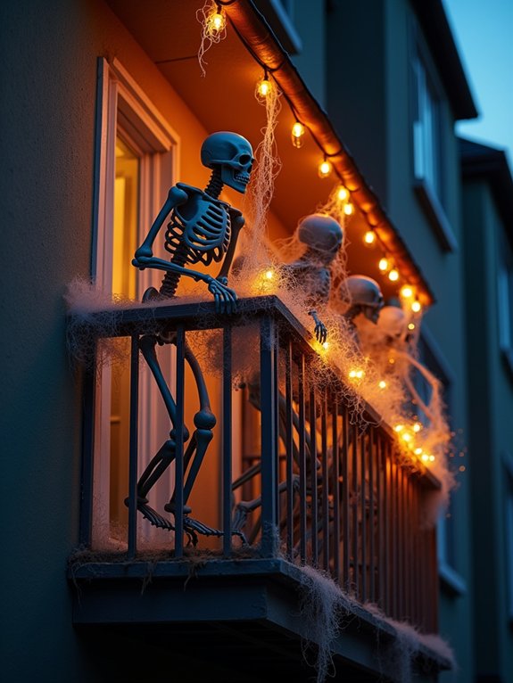 climbing skeleton balcony display