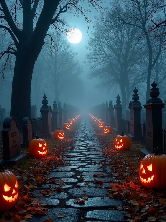 eerie illuminated graveyard pathways