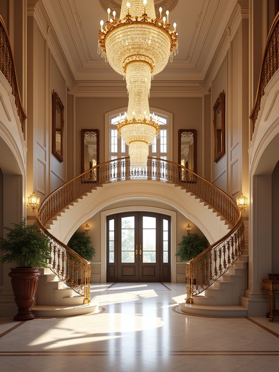 elegant foyer with chandeliers